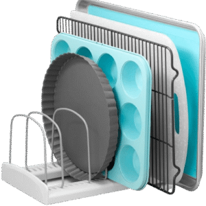 Bakeware Rack with Tall Steel Wires, Adjustable Pan and Lid Organizer